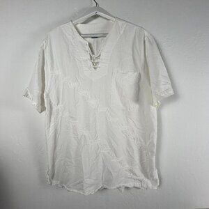 Ela Men's Embossed Zigzag Print Tie-Up Neck Pullover Casual T-Shirt White